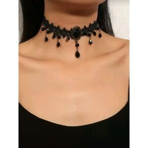 Black Lace Choker Necklace Gothic Victorian‎ Teardrop Bead Pendant Elegant